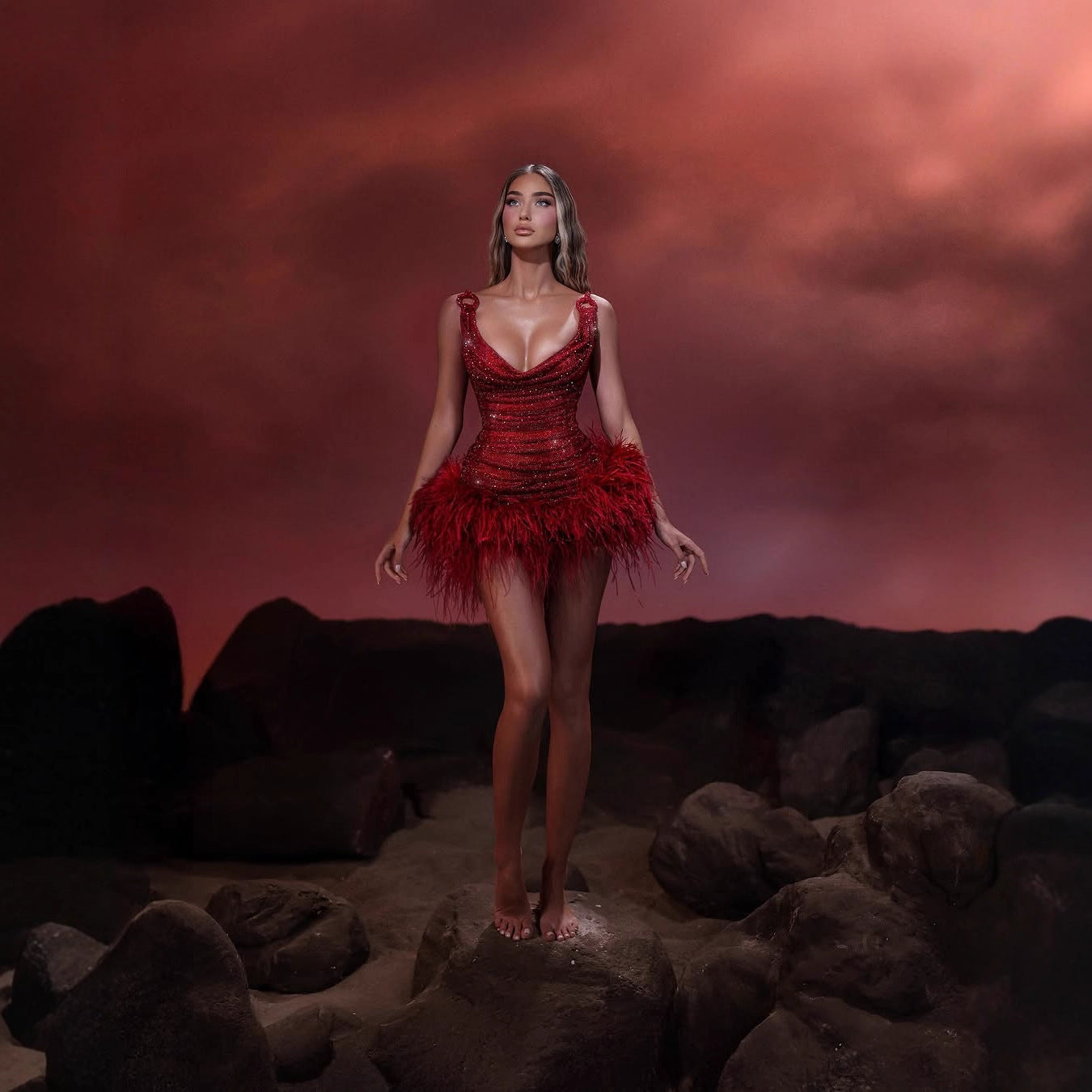 Red Feather Sequins Shiny Sling Mini Luxury Birthday Dress aclosy