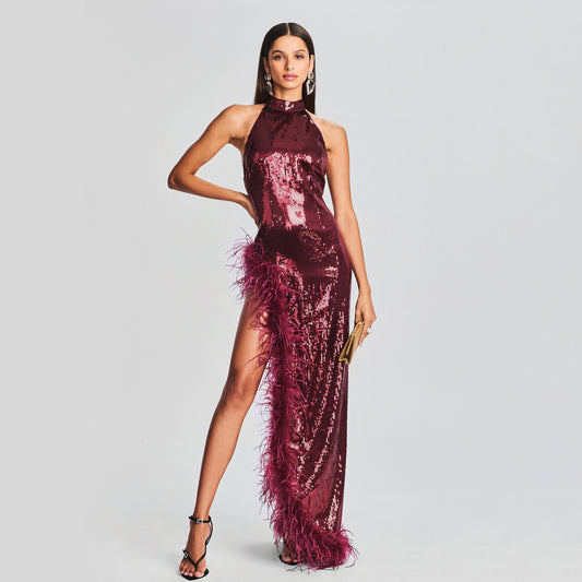 Feather Wine Red Sequined Halter Dress Aclosy