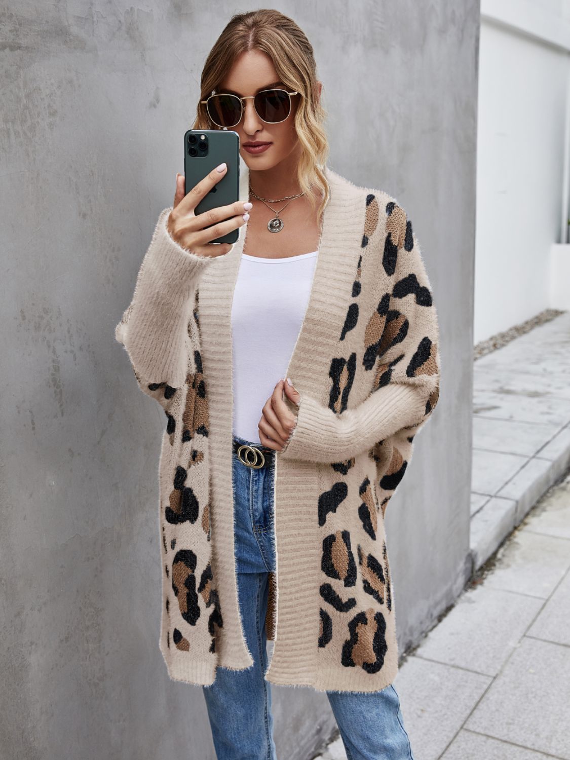 Angel Wings Leopard Pattern Fuzzy Cardigan Trendsi