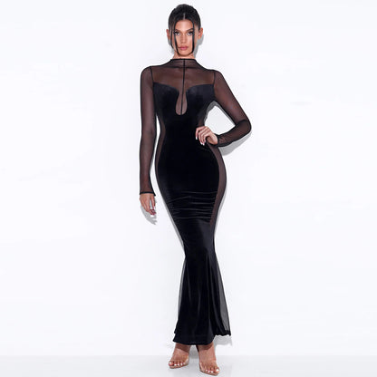 Sexy Hollow See Through Dress Autumn New Hot Long-sleeved Round Neck Backless Dress Aclosy