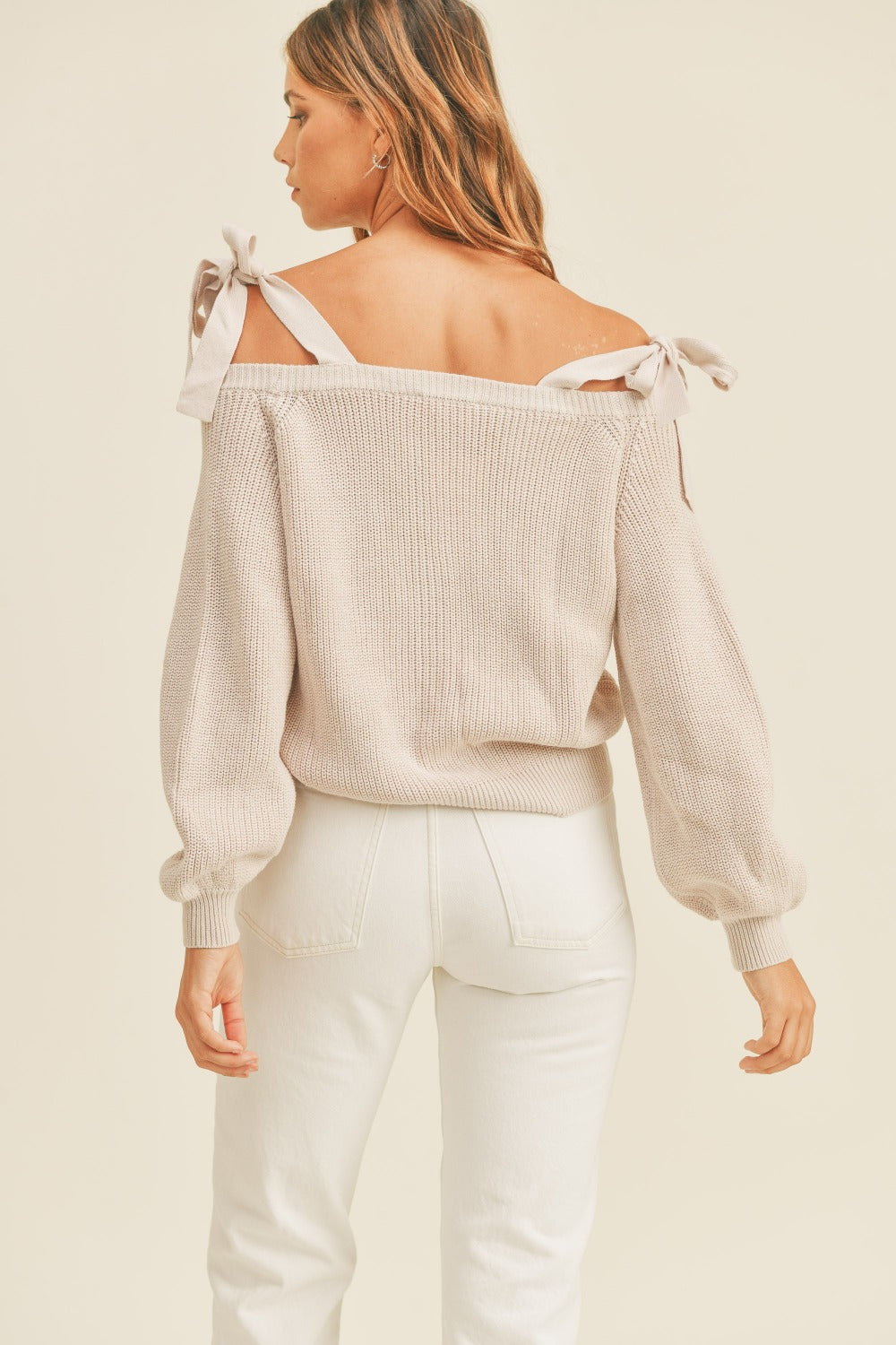 MABLE Off Shoulder Self Tie Strap Button Down Sweater Trendsi