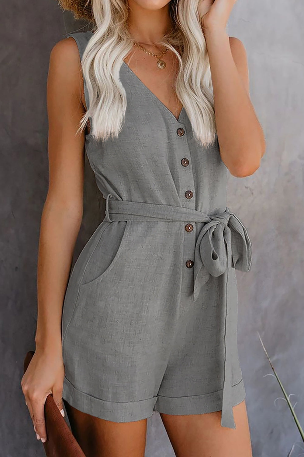 Full Size Tied V-Neck Sleeveless Romper with Pockets Trendsi