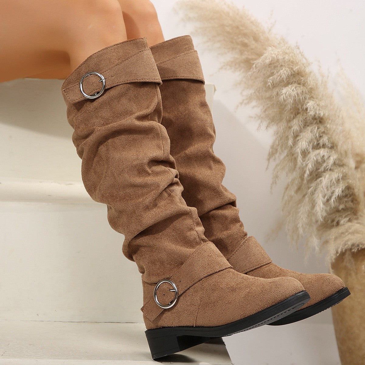 Buckle Round Toe Block Heel Boots Trendsi