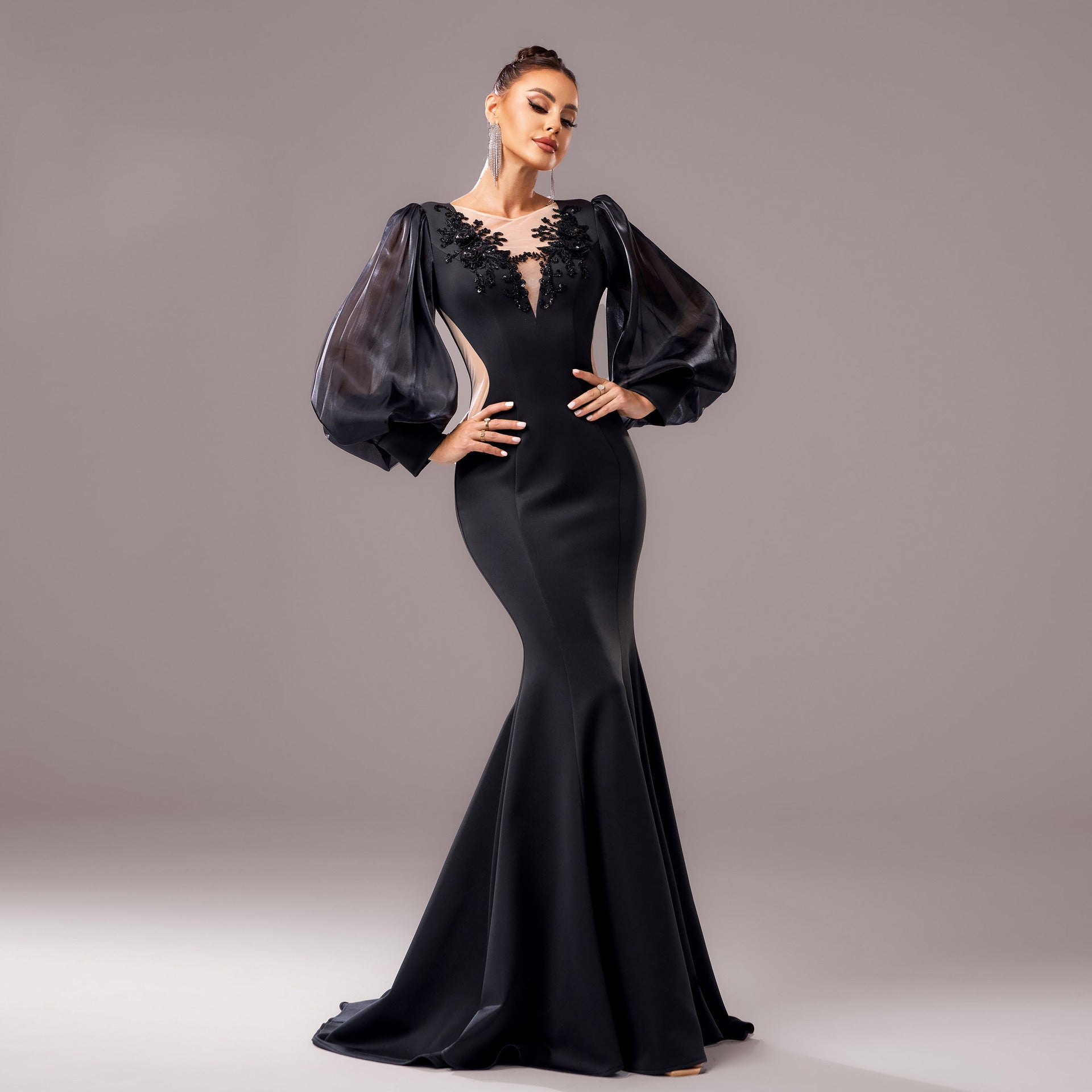 Long Sleeve Round Neck Banquet Applique Sheath Fishtail Dress aclosy