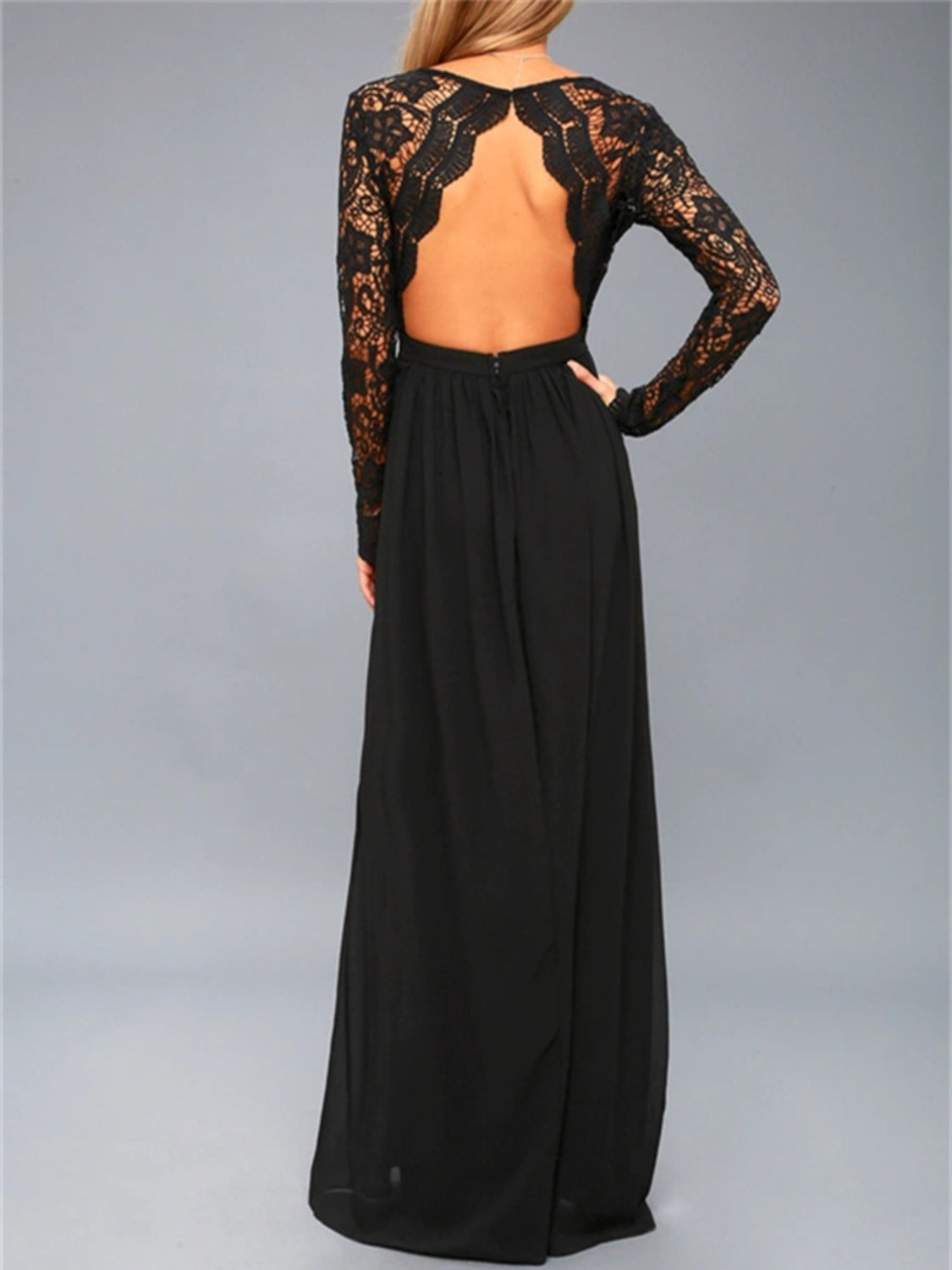 Lace Detail Backless Long Sleeve Maxi Dress Trendsi