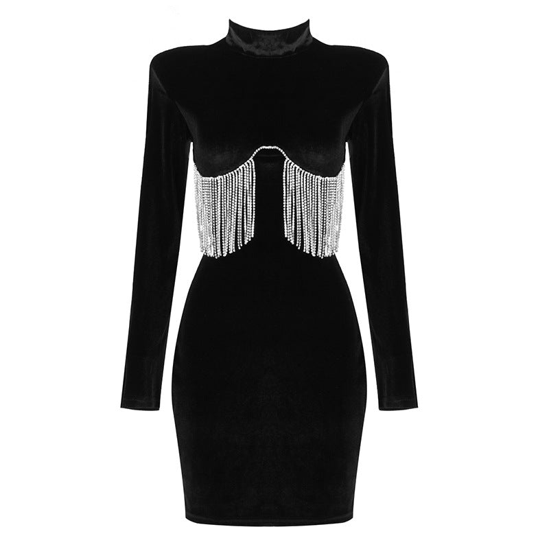 Metal Fringed Blazer Black Dress