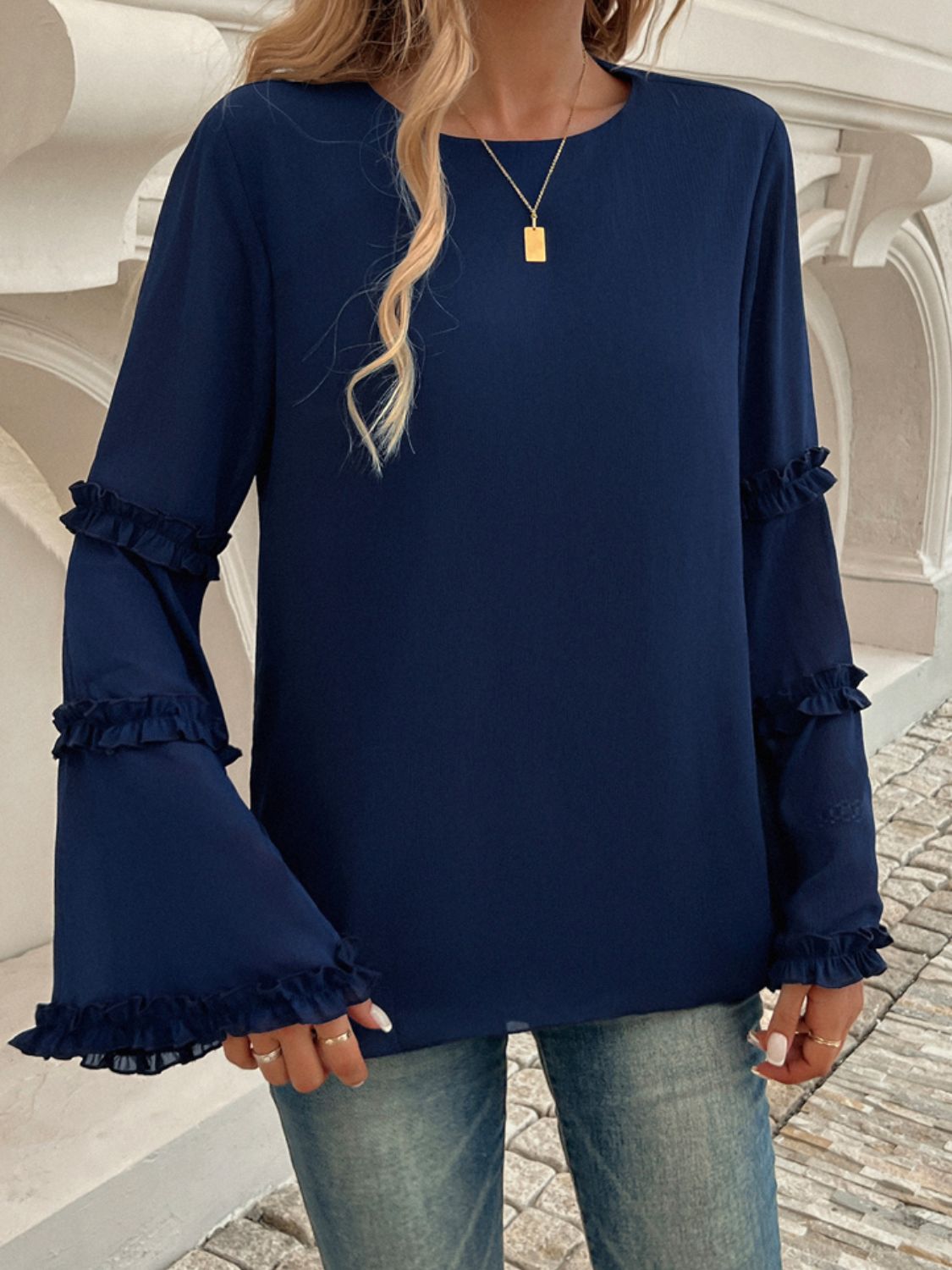 Devine Frill Round Neck Long Sleeve Top Trendsi