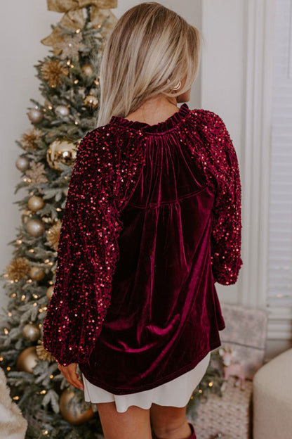 Sequin Notched Long Sleeve Blouse Trendsi