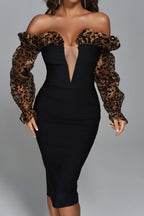 Leopard Print Dress European And American Sexy Off-the-shoulder Puff Sleeves Elegant Dress Black Bandage Dress aclosy