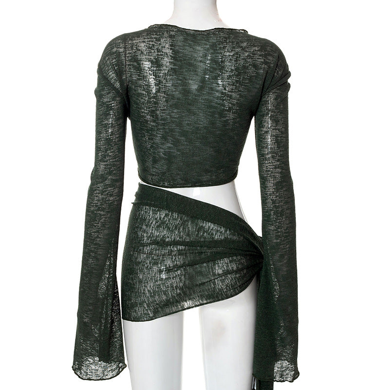 2023 Mesh See-through Strap Long-sleeved Wrap Top And Skirt aclosy