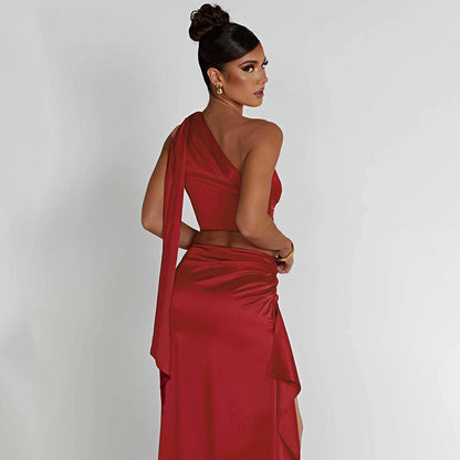 One-shoulder Satin Short Top High Waist Split Maxi Dress E aclosy