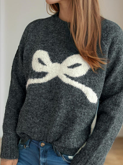 Bow Round Neck Long Sleeve Sweater Trendsi