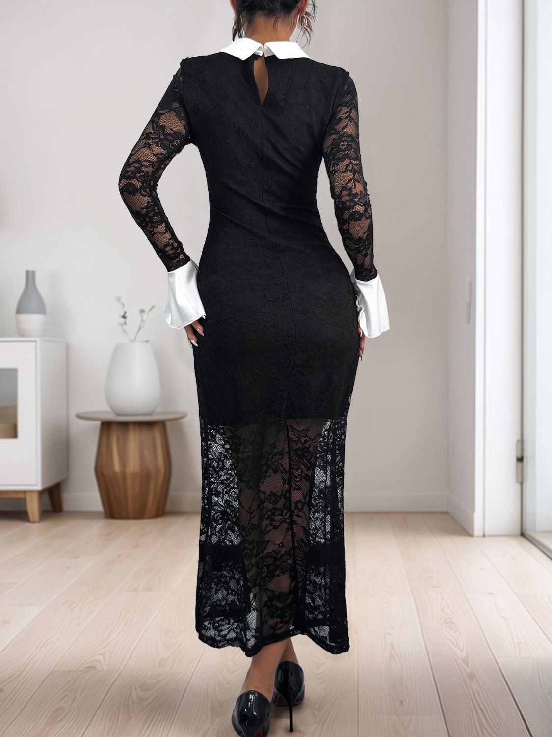 Perfee Lace Contrast Collared Neck Long Sleeve Midi Dress Trendsi