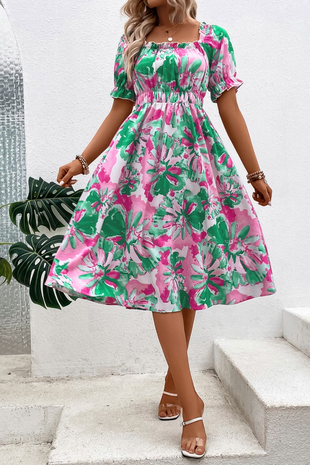 Floral Frill Trim Square Neck Dress Trendsi