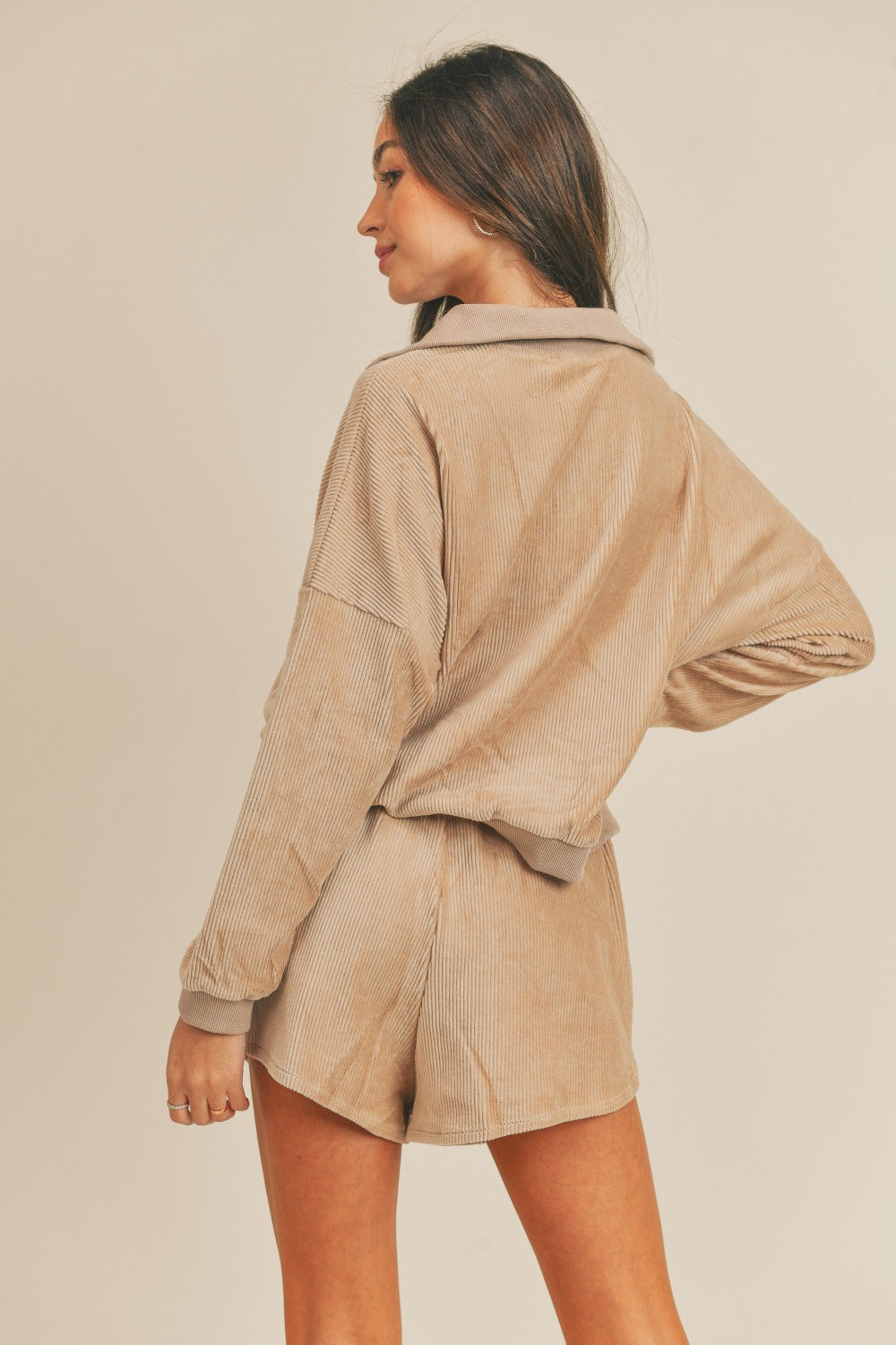 MABLE Corduroy Half Zip Top and Shorts Set Trendsi