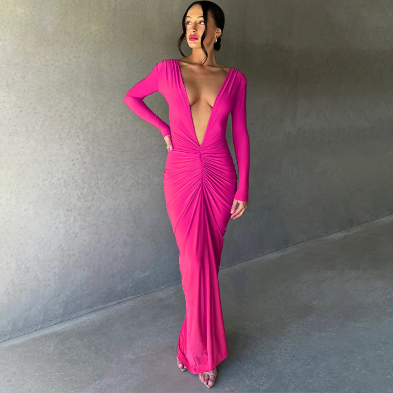 V-neck Slim Fit Pleated Long Sleeve Dress