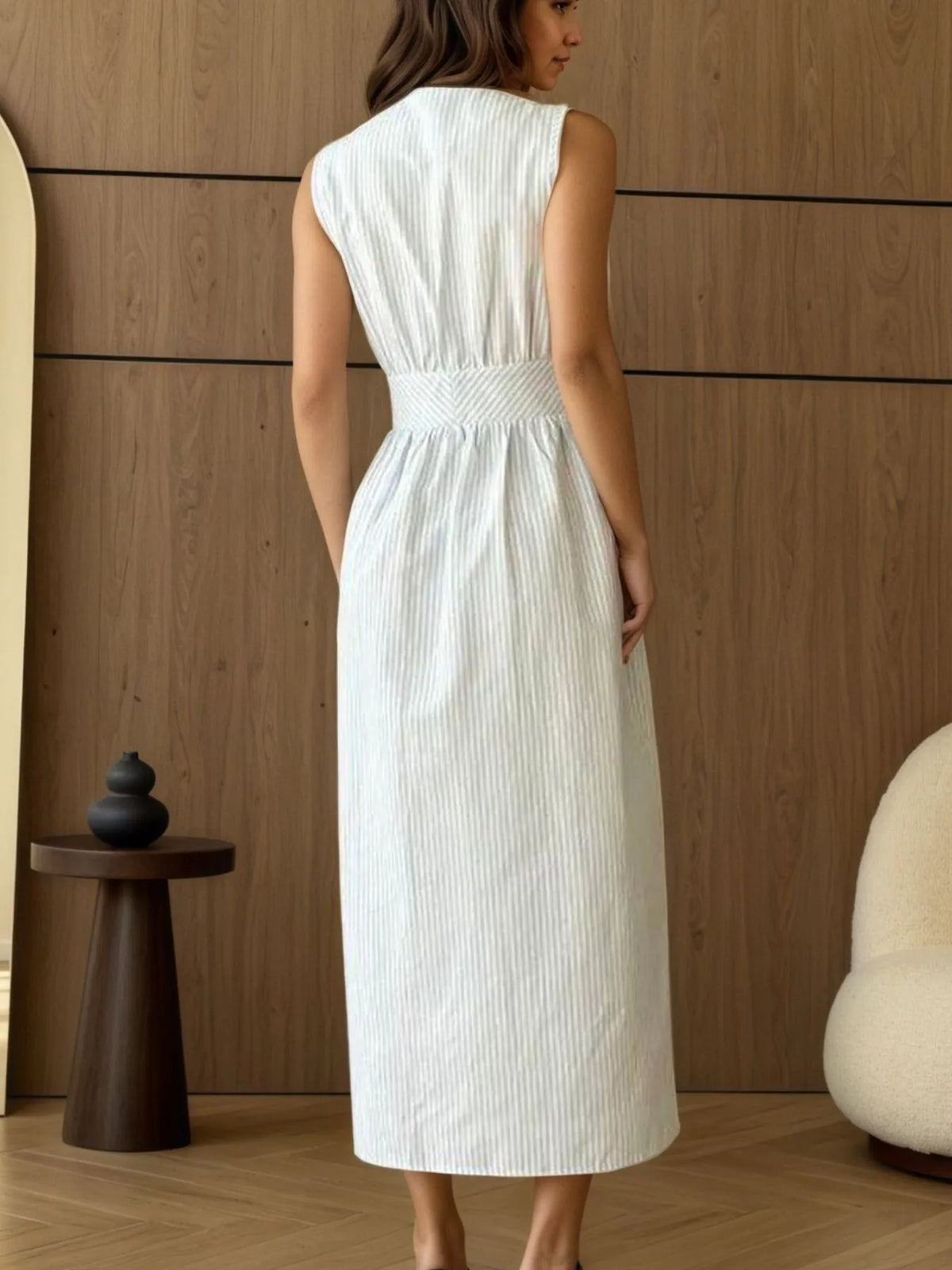 Striped V-Neck Sleeveless Midi Dress