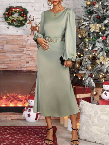 Round Neck Balloon Sleeve Midi Dress Trendsi