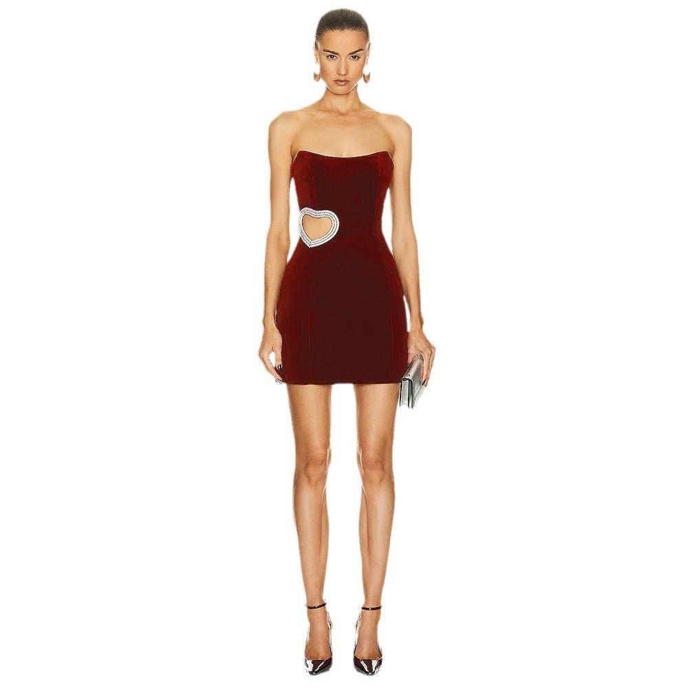 Women's Wine Red Hollowed Heart Shape Diamond Tube Top Dress Aclosy