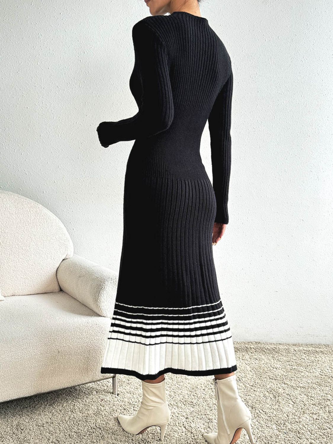 Contrast Mock Neck Long Sleeve Sweater Dress Trendsi