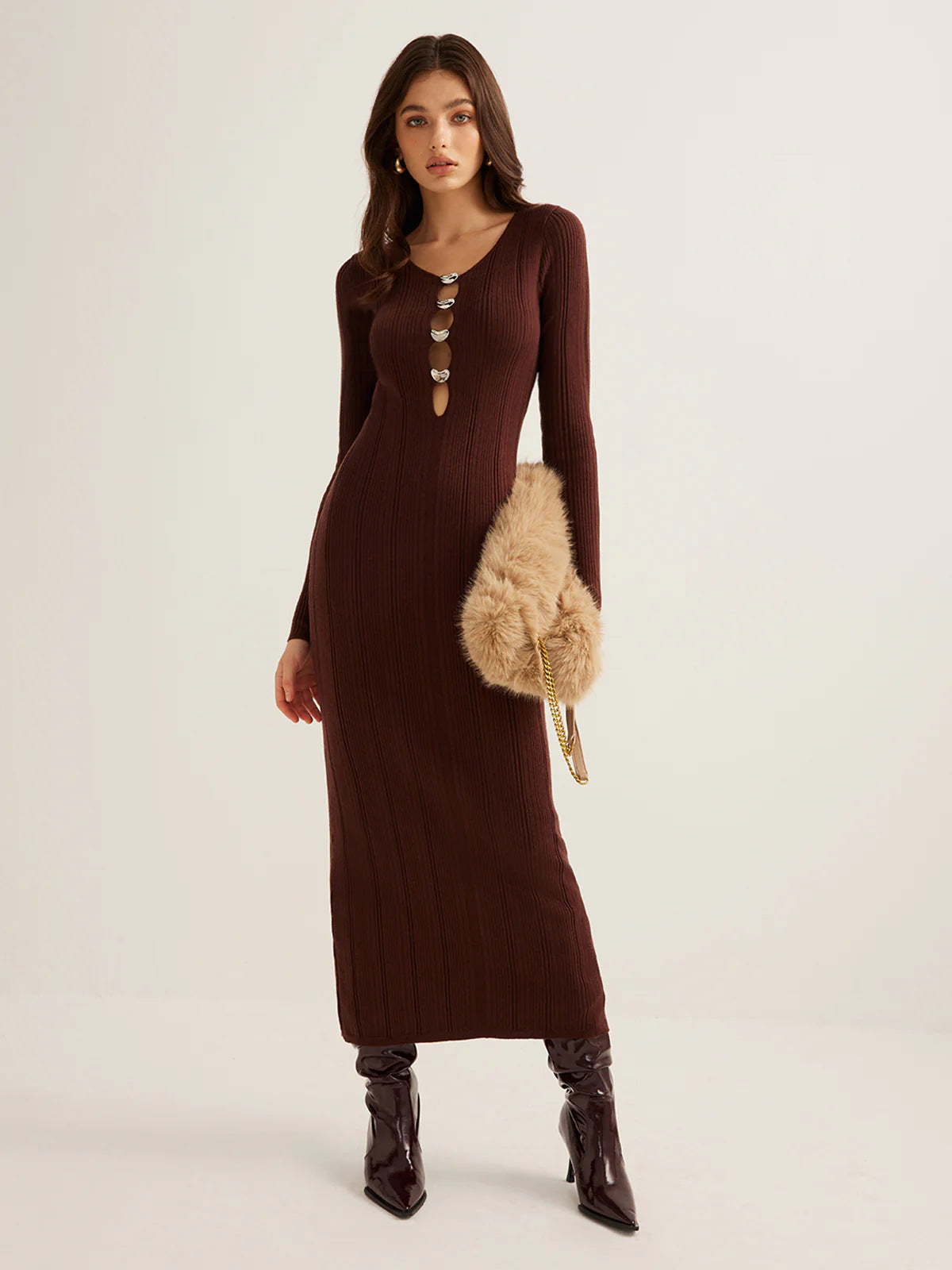 Retro Solid Color V-neck Slim-fit Long Sleeve Hip Knitwear Dress aclosy