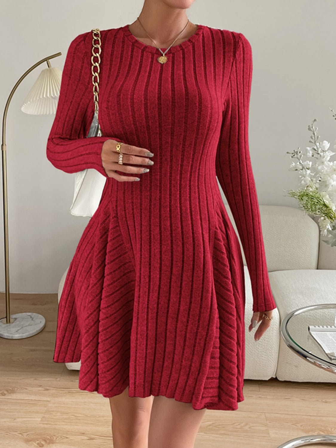 Ribbed Round Neck Long Sleeve Dress Trendsi