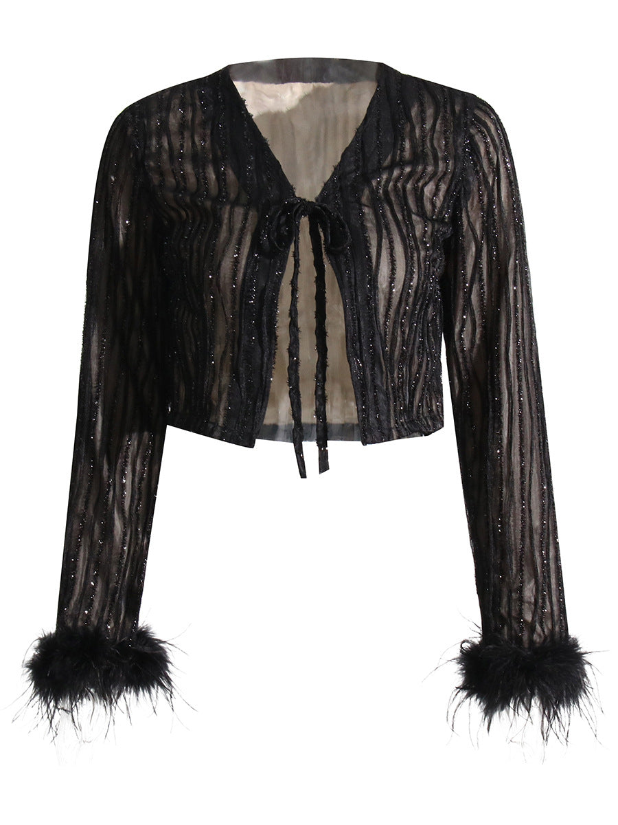 Irregular Skirt Ostrich Hair Patchwork Suit Aclosy