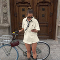 Lapel Short Sleeve Pocket Pullover Top High-waisted Trousers Skirt Two-piece Set Aclosy