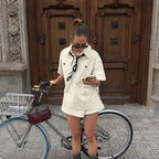 Lapel Short Sleeve Pocket Pullover Top High-waisted Trousers Skirt Two-piece Set Aclosy