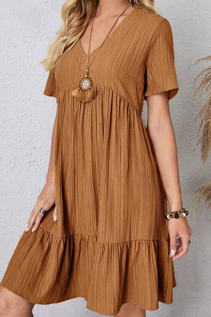 Full Size Ruched V-Neck Short Sleeve Dress Trendsi