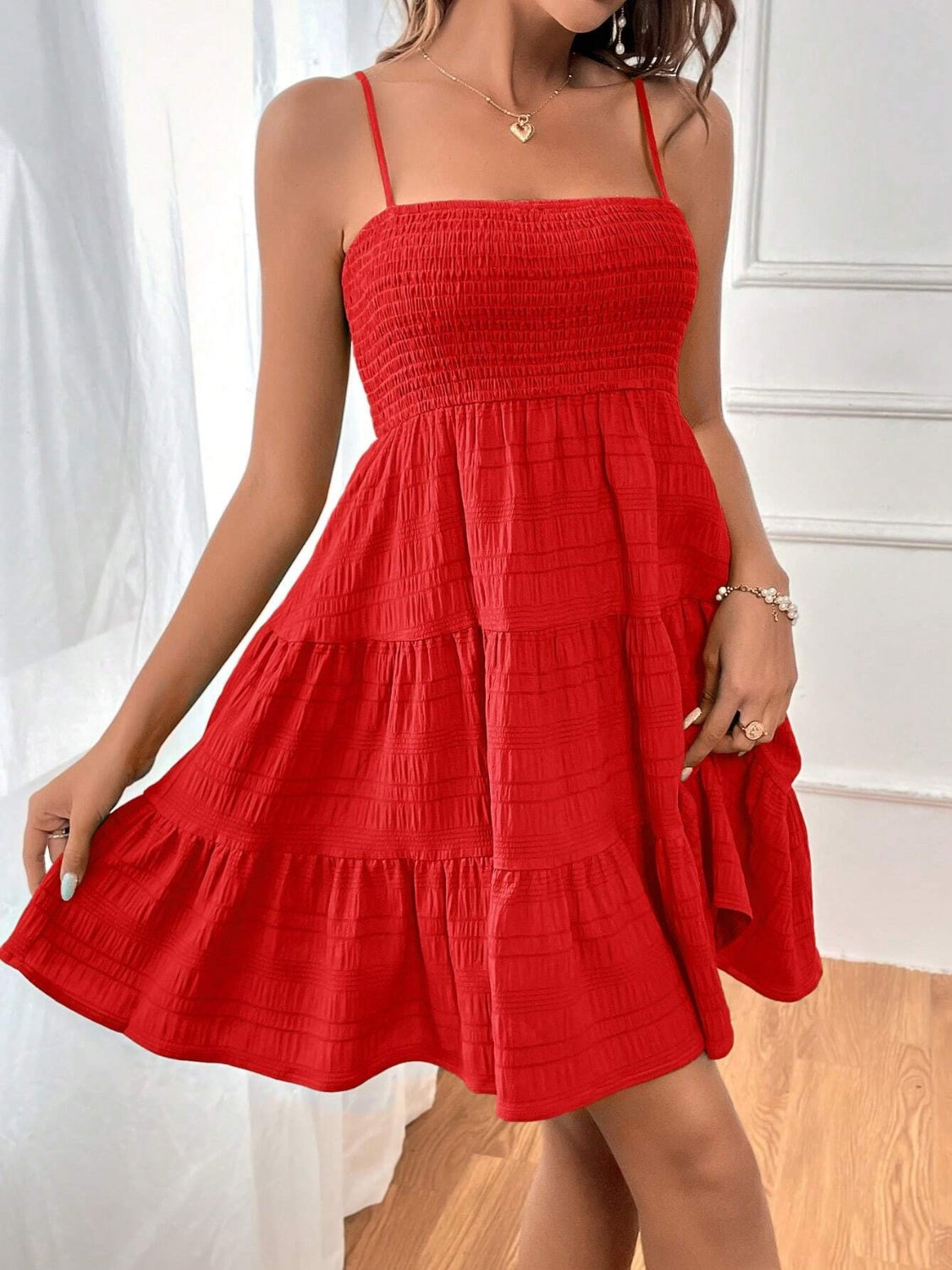 Smocked Tiered Sleeveless Mini Dress Trendsi