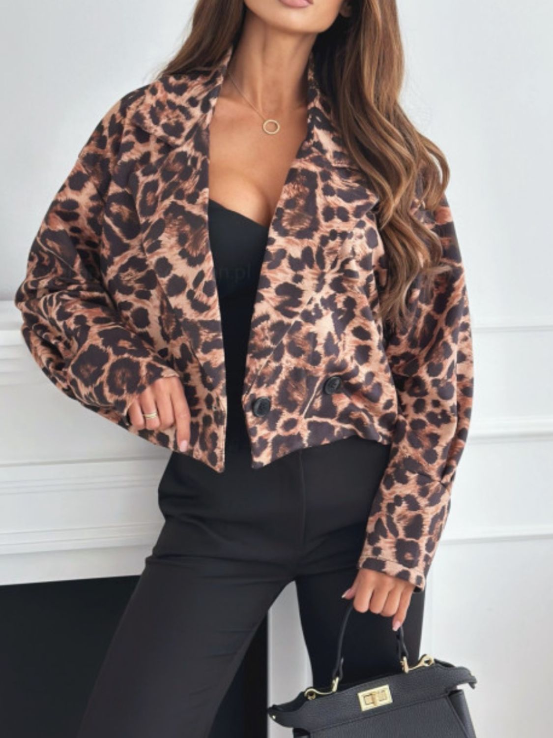 Leopard Collared Neck Cropped Jacket Trendsi