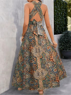 Women Print Maxi Dress High Waisted Cross Halter Neck With Tie Detail,Flowing Vacation Gown In Teal, Blue-Green & Brown Paisley   Pattern, Machine Washable, Summer Fashion Decorative Tie Detail Aclosy overseas
