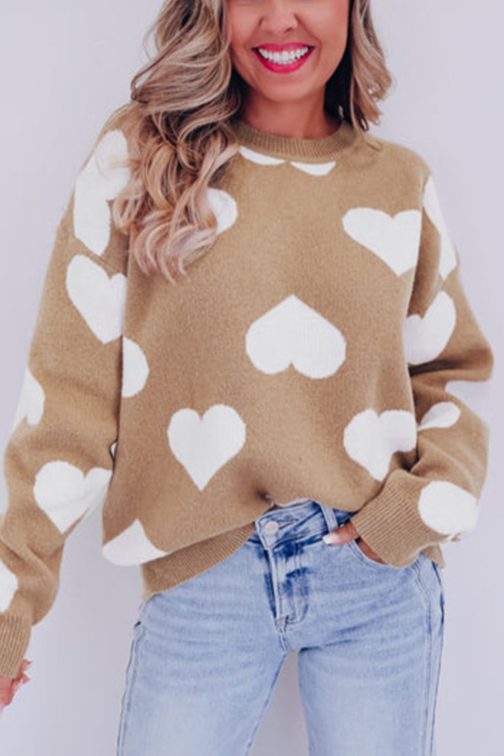 Heart Round Neck Long Sleeve Sweater Trendsi