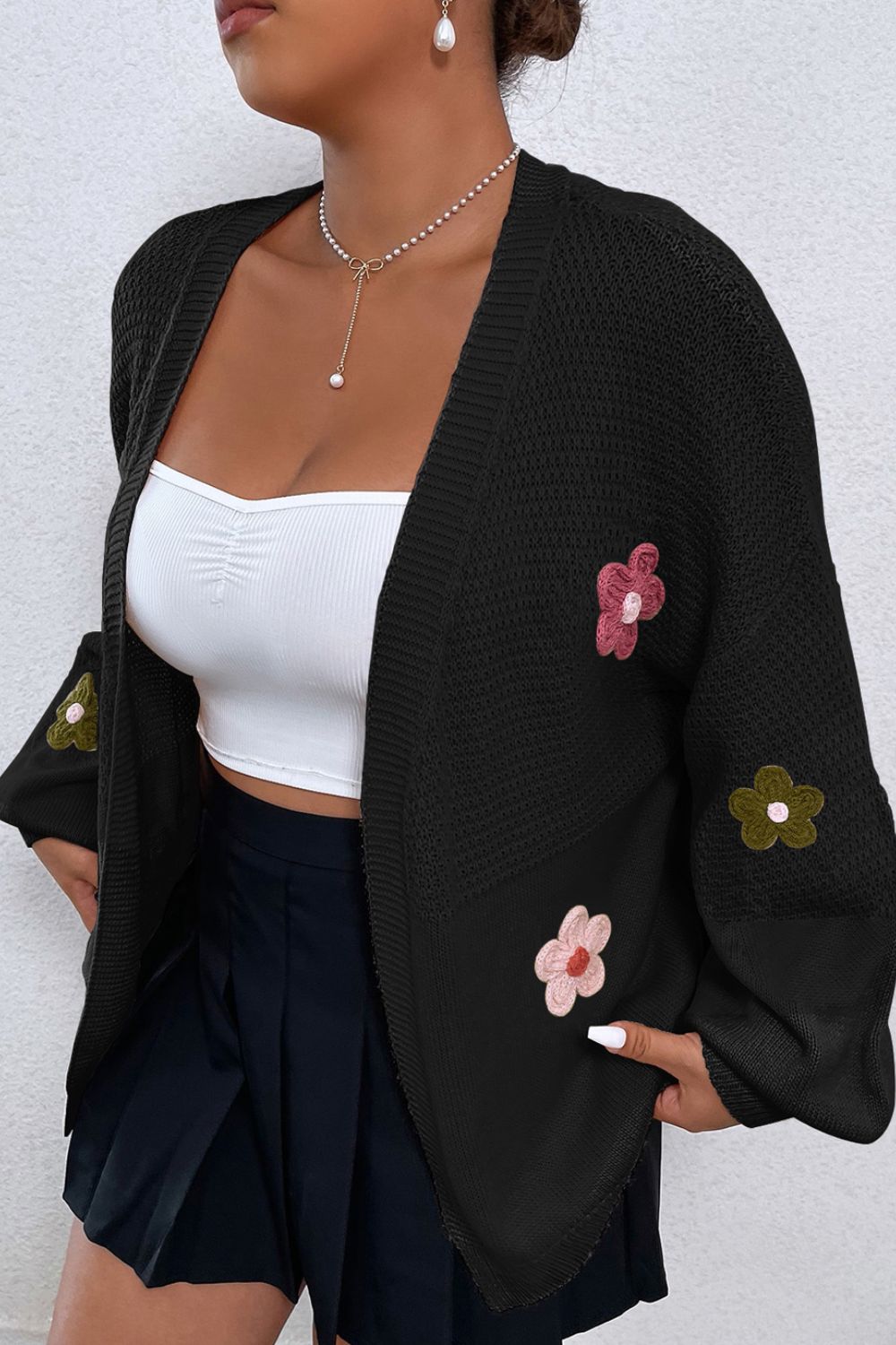 Floral Applique Drop Shoulder Open Front Cardigan Trendsi