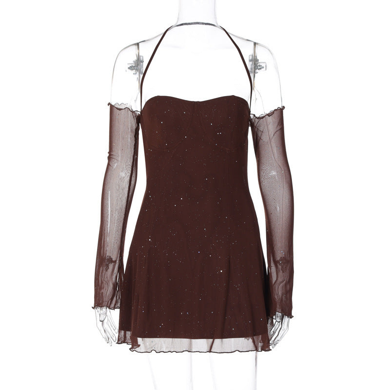 Halter Spaghetti Straps Mesh Sparkle Dress