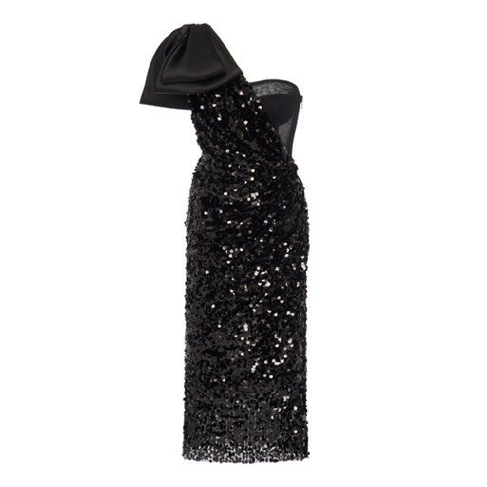 Women's One-shoulder Bow Sequined Sheath Dress Aclosy