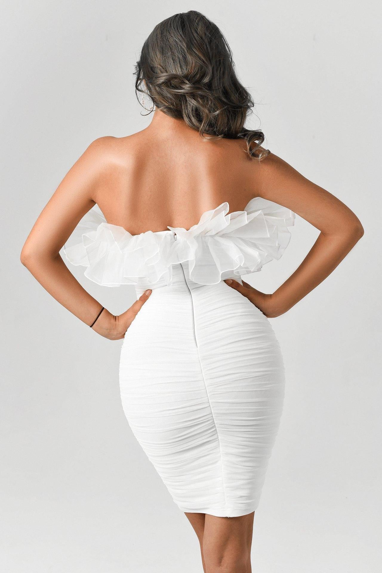 Women's White Net Falbala Tube Top Bandage One-piece Dress aclosy