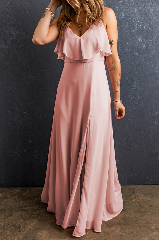 Slit Ruffled V-Neck Maxi Dress Trendsi