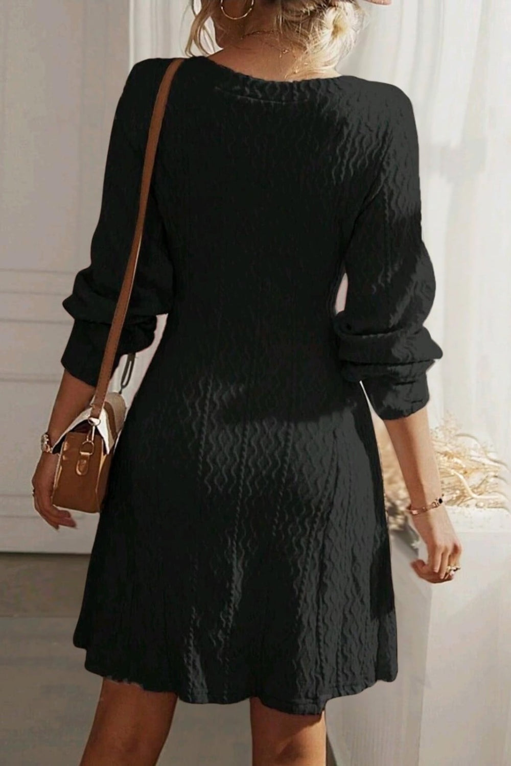 Texture V-Neck Long Sleeve Dress Trendsi