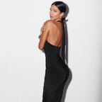 ELLA MESH V NECK MAXI DRESS-BLACK