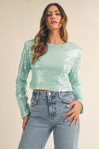 MABLE Shoulder Padded Sequin Crop Top Trendsi