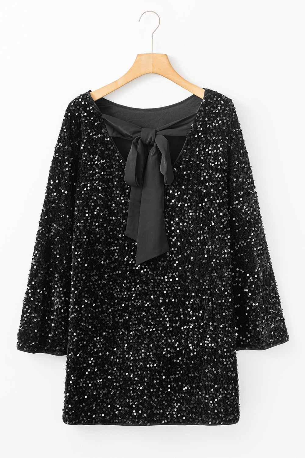 Sequin Bow Back Long Sleeve Mini Dress Trendsi