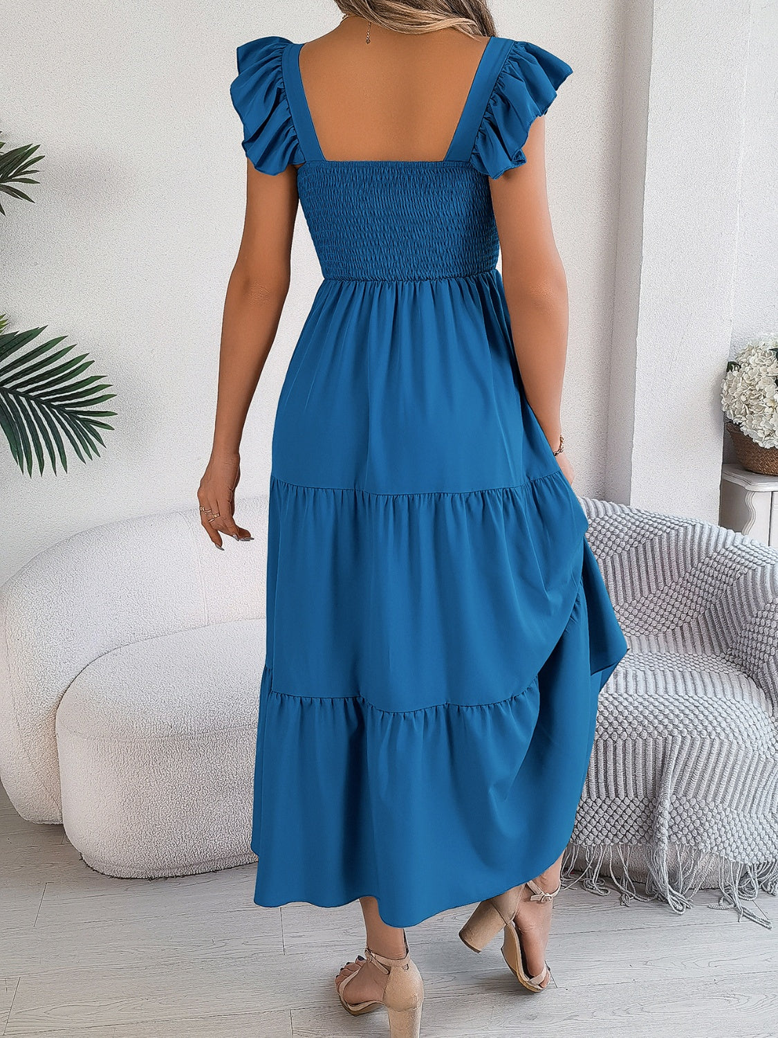 Smocked Square Neck Cap Sleeve Midi Dress Trendsi