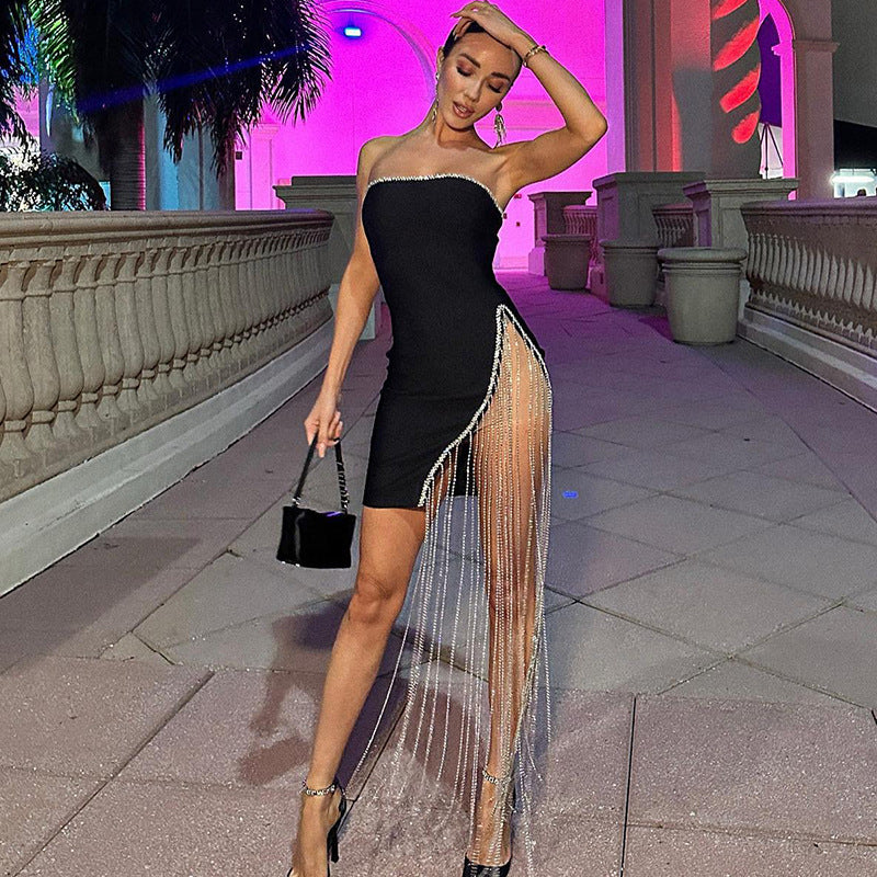 Wrapped Panel Tassel Slit Party Dress aclosy