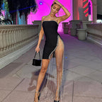 Wrapped Panel Tassel Slit Party Dress aclosy