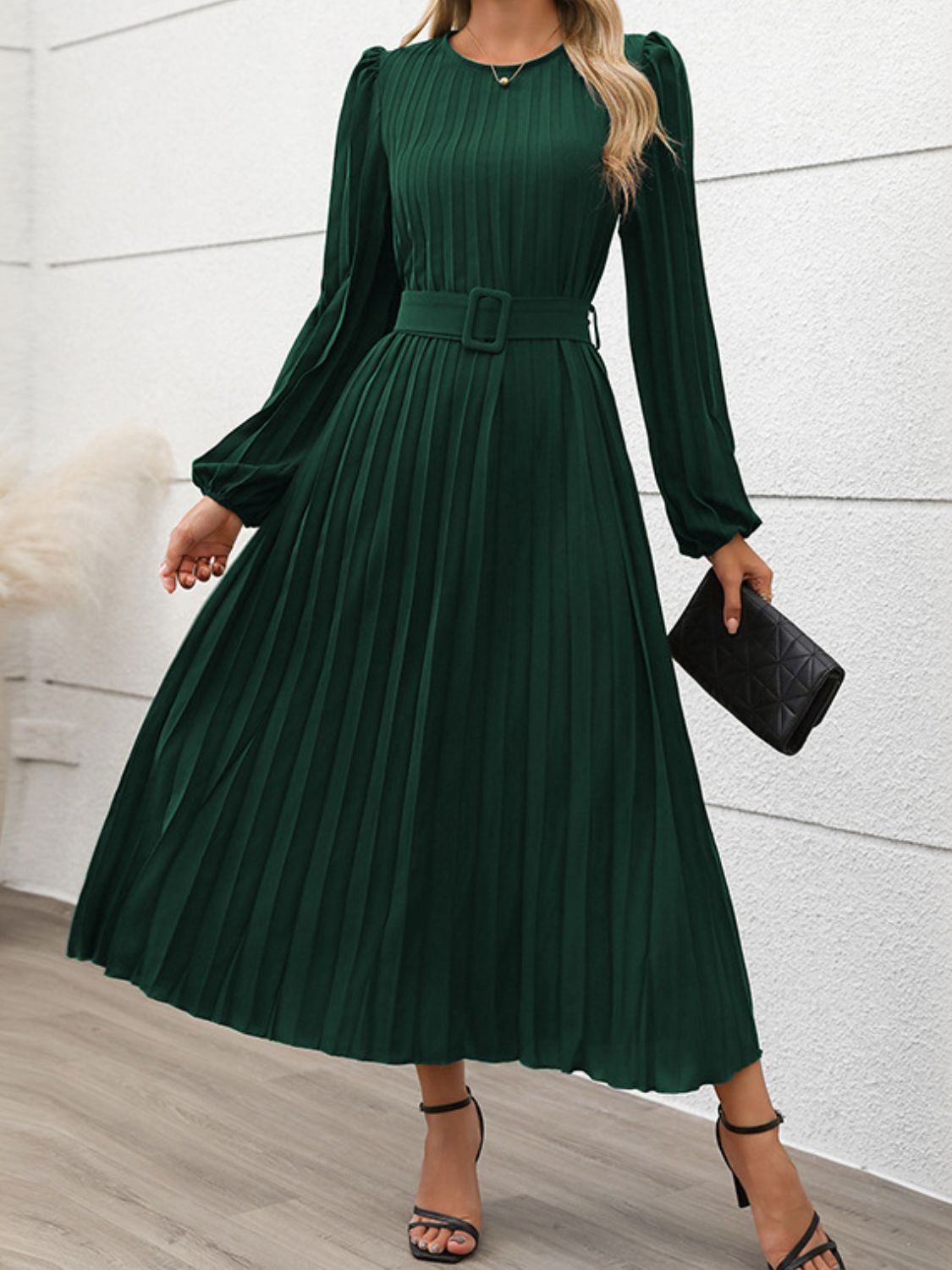 Perfee Pleated Round Neck Long Sleeve Midi Dress Trendsi