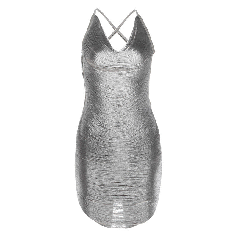 Elika Silver Backless Party Mini Dress