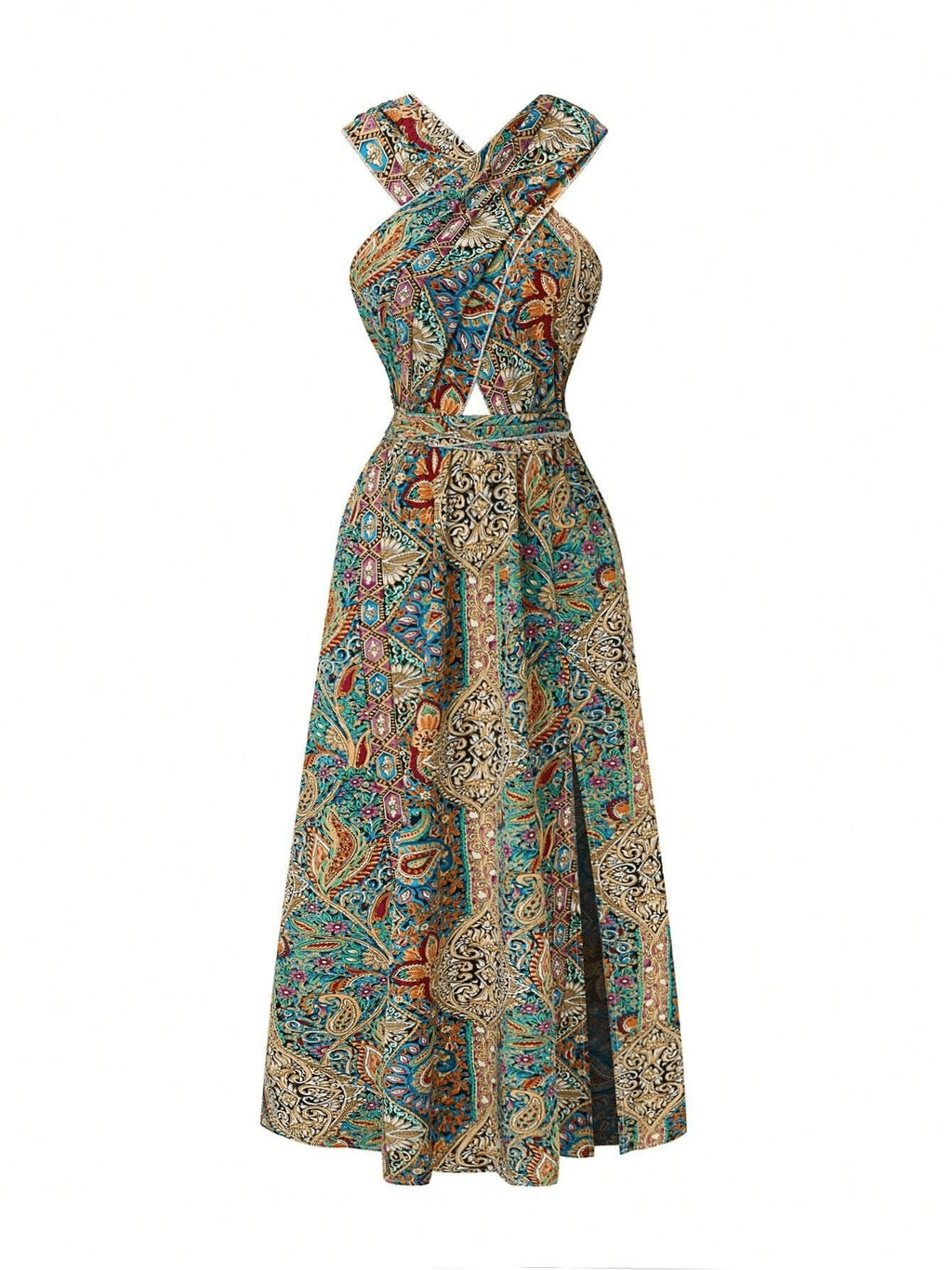 Women Print Maxi Dress High Waisted Cross Halter Neck With Tie Detail,Flowing Vacation Gown In Teal, Blue-Green & Brown Paisley   Pattern, Machine Washable, Summer Fashion Decorative Tie Detail Aclosy overseas