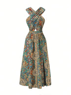 Women Print Maxi Dress High Waisted Cross Halter Neck With Tie Detail,Flowing Vacation Gown In Teal, Blue-Green & Brown Paisley   Pattern, Machine Washable, Summer Fashion Decorative Tie Detail Aclosy overseas